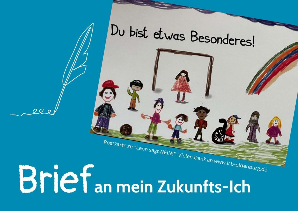 Postkarte "Du bist etwas Besonderes!" auf türkisem Hintergrund. Text: Brief an mein Zukunft-Ich