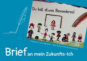 Postkarte "Du bist etwas Besonderes!" auf türkisem Hintergrund. Text: Brief an mein Zukunft-Ich