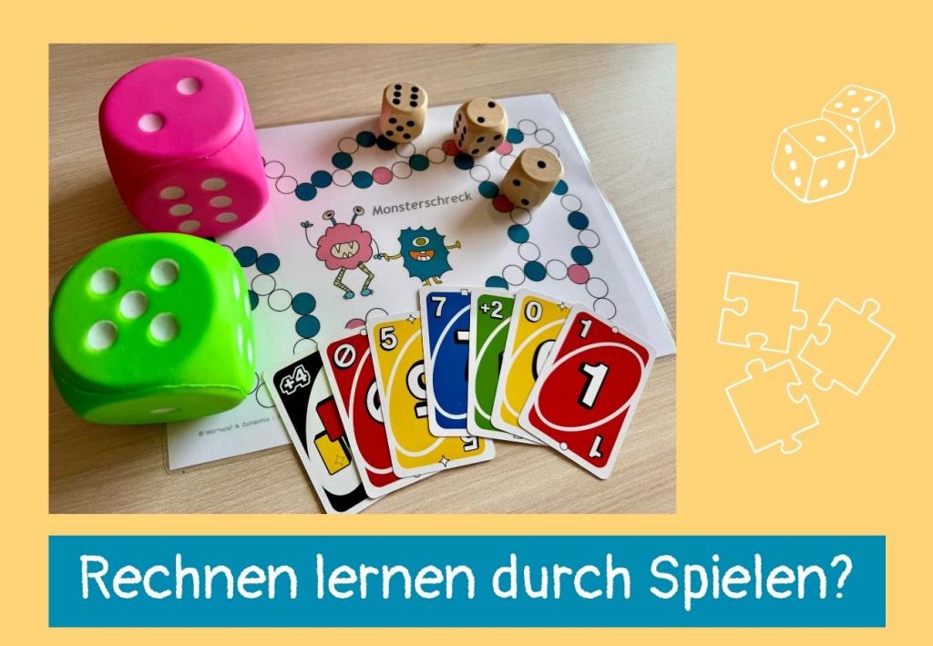Foto von Gesellschaftspielen: Würfel, Spielplan und UNO-Karten, Text: Rechnen lernen durch Spielen?