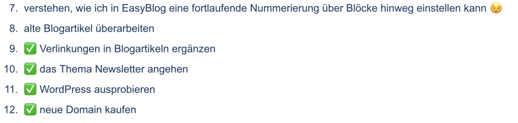 Auflistung verschiedener To-wants, einige sind als erledigt markiert