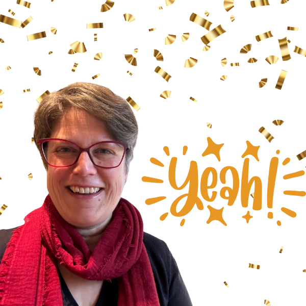 Sabine Landua mit Konfetti, Schrift: Yeah!