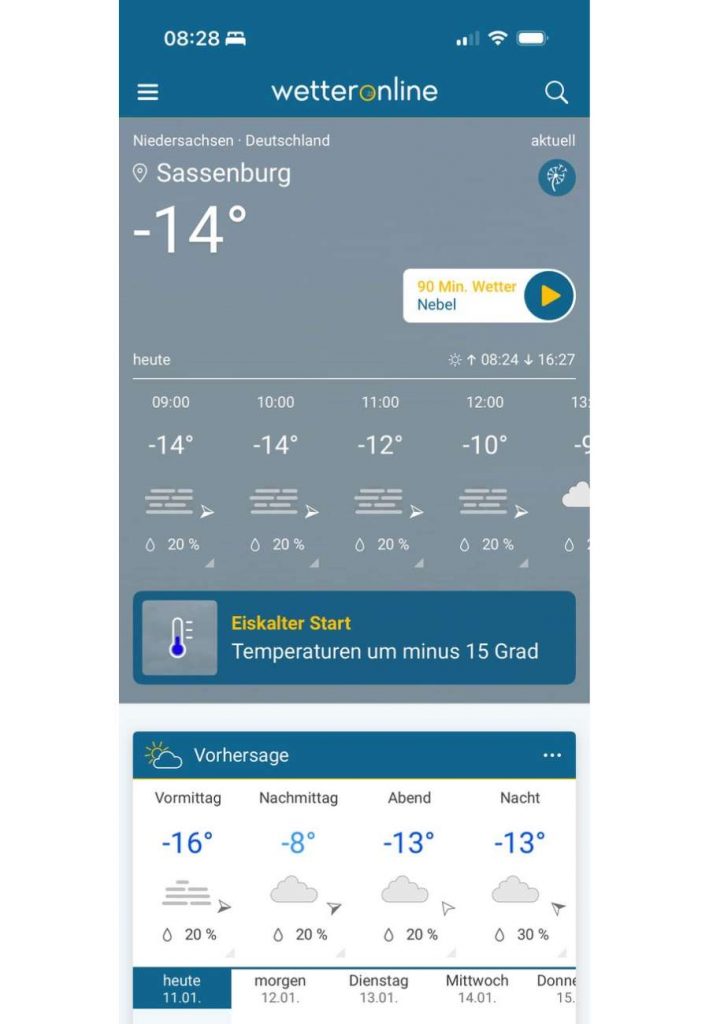 Der Screenshot der Wetter-App zeigt minus 14 Grad.