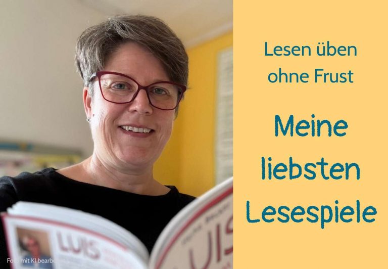 Sabine Landua in ihrer Lerntherapiepraxis hält ein Buch in der Hand, Text: Lesen üben ohne Frust - Meine liebsten Lesespiele