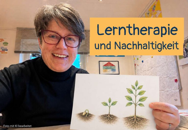 Sabine Landua in ihrer Lerntherapiepraxis. Sie hält ein Blatt, auf dem das Wachstum einer Pflanze dargestellt ist. Text: Lerntherapie und Nachhaltigkeit