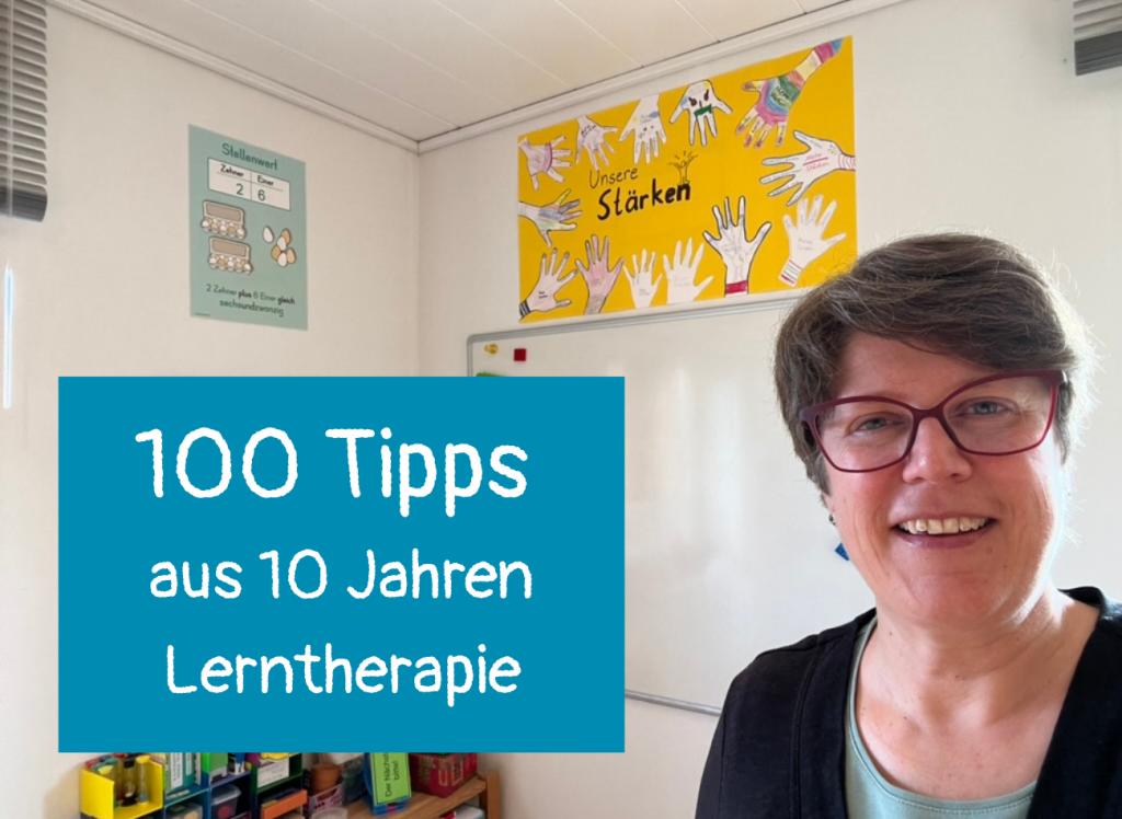 Sabine Landua in ihrer Lerntherapiepraxis, Text: 100 Tipps aus 10 Jahren Lerntherapie