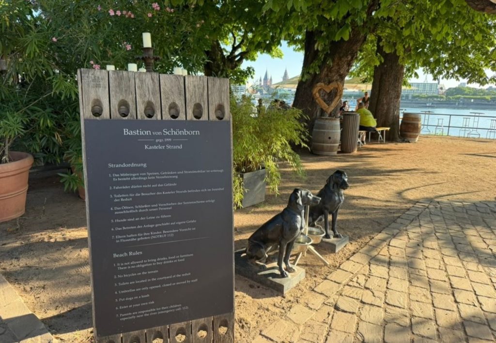 Biergarten Bastion Schönborn, im Hintergrund Blick über den Rhein nach Mainz